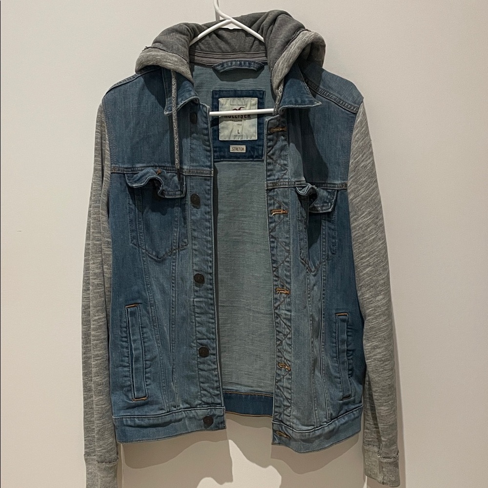 Hollister Blue Denim Jacket with Gray Sleeves and Hood